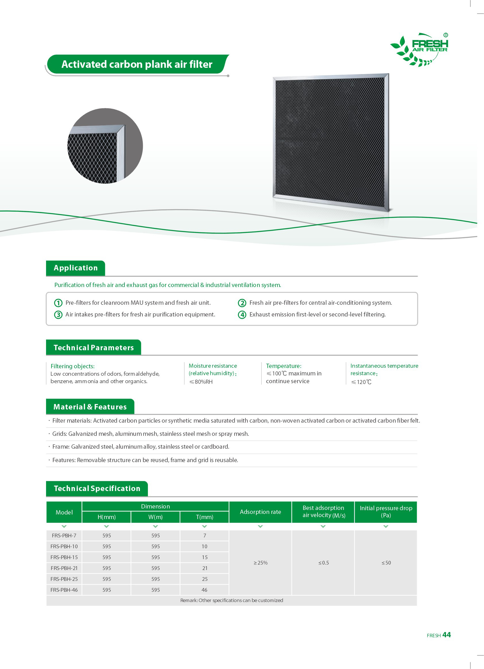 Filtro de aire de tablones de carb&oacute;n activado 36